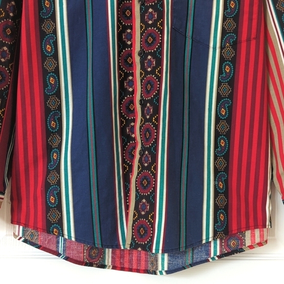 Frank 80's Vintage Funky Paisley & Aztec Striped Long Sleeve Button Down Shirt M - Picture 7 of 12